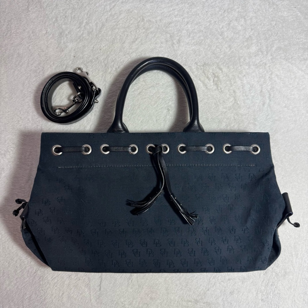 Vintage Y2K Black East West Bag in Monogram Canvas & Leather by Dooney & Bourke